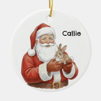 Personalized Santa with a cottontail rabbit Ceramic Tree Decoration