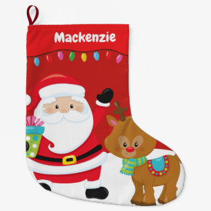 Personalized Santa with Reindeer Large Christmas Stocking