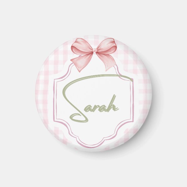 Personalized Sarah Baby Girl Nursery Bow&Gingham Magnet (Front)