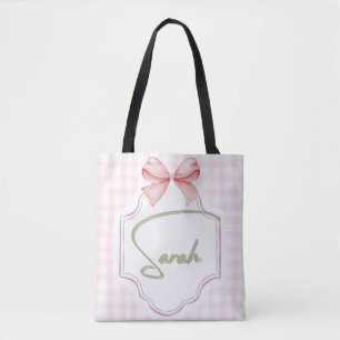 Personalized Sarah Baby Girl Nursery Bow&Gingham Tote Bag