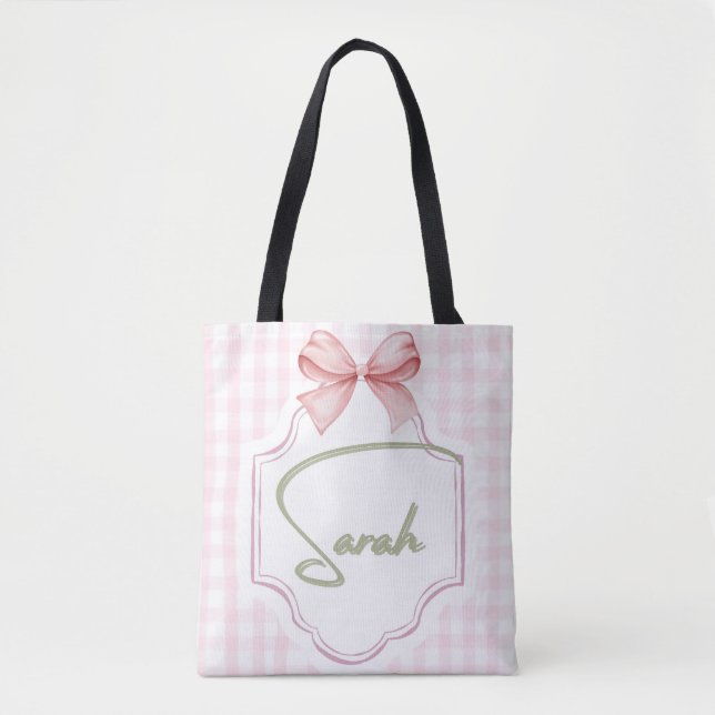 Personalized Sarah Baby Girl Nursery Bow&Gingham Tote Bag (Front)