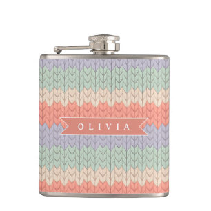 Personalized Scandinavian Pastel Knit Pattern Name Hip Flask