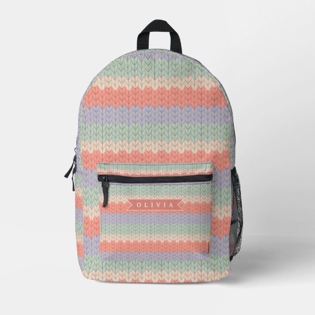 Personalized Scandinavian Pastel Knit Pattern Name Printed Backpack (Front)