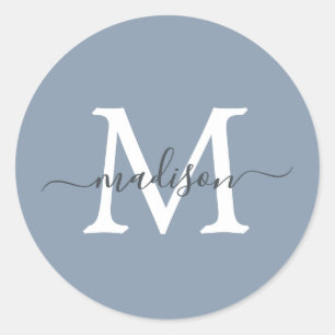 Personalized Script Name Monogram Dusty Blue Classic Round Sticker