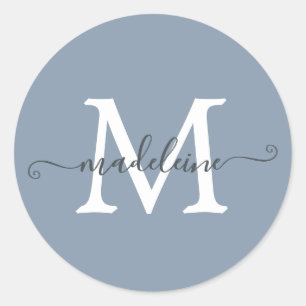 Personalized Script Name Monogram Dusty Blue Classic Round Sticker