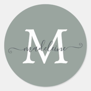 Personalized Script Name Monogram Dusty Green Classic Round Sticker