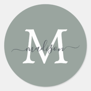 Personalized Script Name Monogram Dusty Green Classic Round Sticker