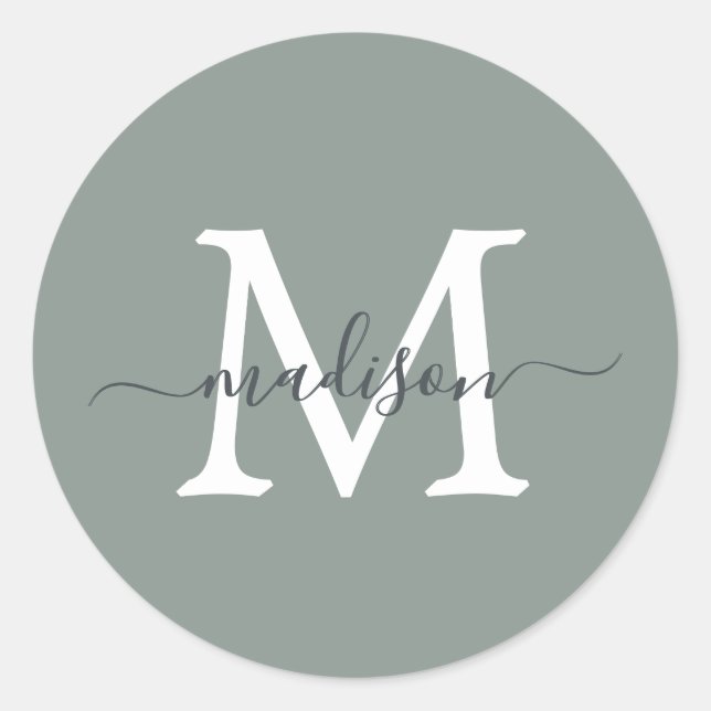 Personalized Script Name Monogram Dusty Green Classic Round Sticker (Front)