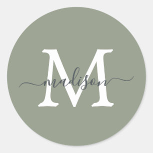 Personalized Script Name Monogram Sage Green Classic Round Sticker