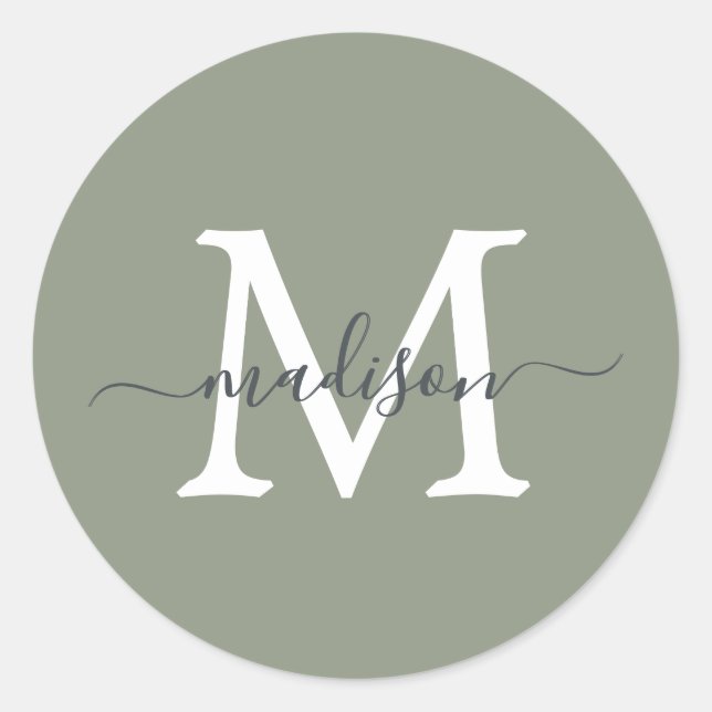 Personalized Script Name Monogram Sage Green Classic Round Sticker (Front)