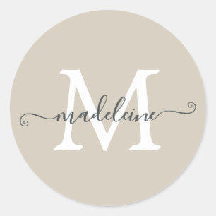 Personalized Script Name Monogram Warm Beige Classic Round Sticker