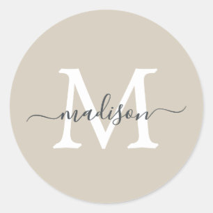 Personalized Script Name Monogram Warm Beige Classic Round Sticker