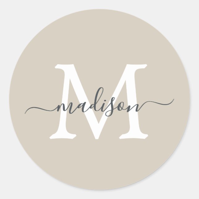 Personalized Script Name Monogram Warm Beige Classic Round Sticker (Front)