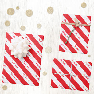 Personalized Script Name Red White Candy Stripe Wrapping Paper Sheet