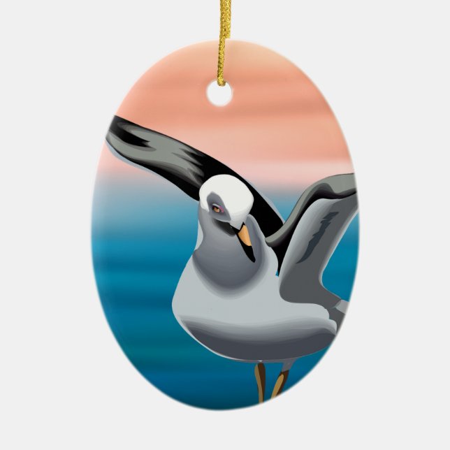 Personalized Seagull and Sunset Beach Christmas Ceramic Tree Decoration (Front)