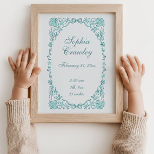 Personalized Seashells Teal Birth Info Poster