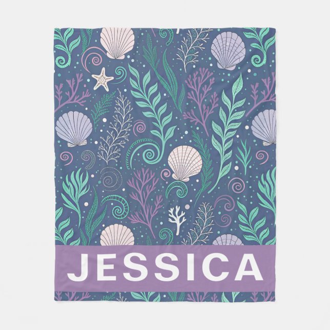 Personalized Seaweed Shells Pattern Ocean Fleece Blanket (Front)