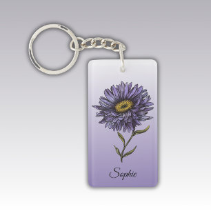 Personalized September Birth Flower Aster Keychain