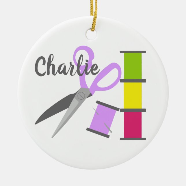 Personalized Sewing Notions Ceramic Tree Decoration (Front)