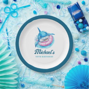 Personalized Shark Pool Party Paper Plate