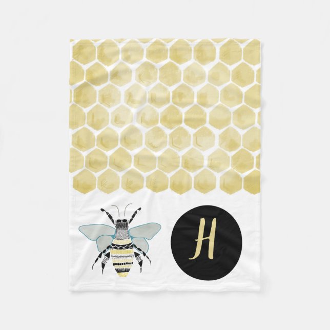 Personalized Sherpa Bee Honey Comb Throw Blanet Fleece Blanket (Front)