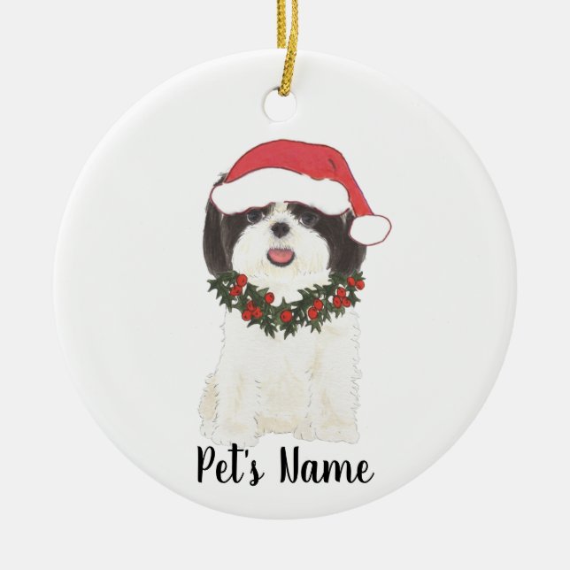 Personalized Shih Tsu (Black & White) Ceramic Tree Decoration (Front)
