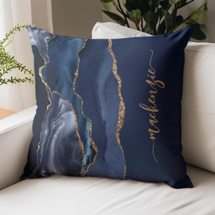 Personalized Signature Navy Blue Gold Agate Cushion
