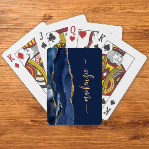 Personalized Signature Navy Blue Gold Agate Playing Cards
