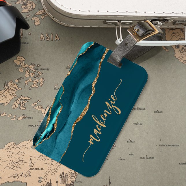 Personalized Signature Teal Blue Gold Agate Luggage Tag (Creator Uploaded)