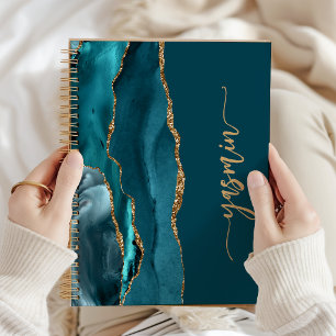 Personalized Signature Teal Blue Gold Agate Notebook