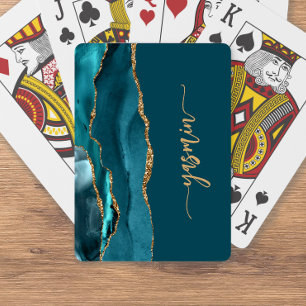 Personalized Signature Teal Blue Gold Agate Playing Cards