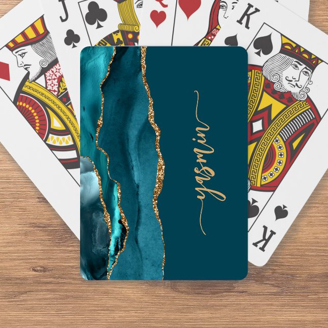 Personalized Signature Teal Blue Gold Agate Playing Cards (Creator Uploaded)