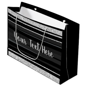 Personalized silver glitter black stripe bling large gift bag