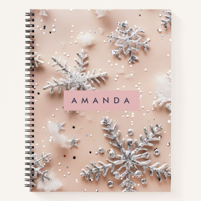 Personalized Silver Glitter Snowflake  Notebook (Front)