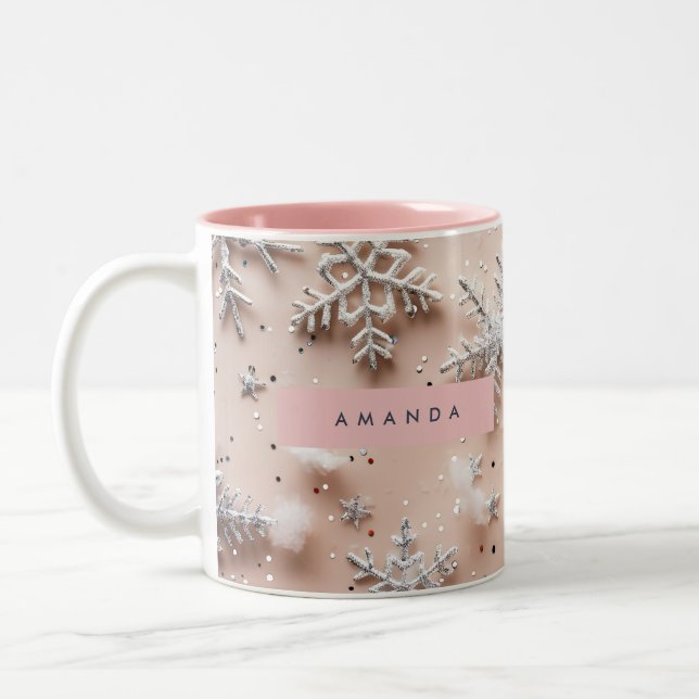 Personalized Silver Glitter Snowflake  Two-Tone Coffee Mug (Left)
