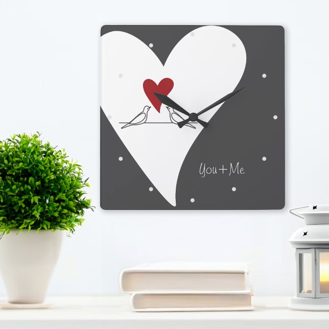 Personalized Simple Modern Birds in Love Red Heart Square Wall Clock (Creator Uploaded)
