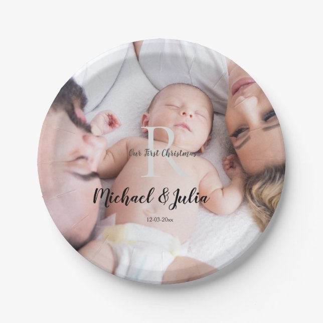 personalized simple monogram name first christmas  paper plate (Front)