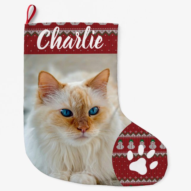 Personalized Simple Paw Pet Photo Monogram Name Large Christmas Stocking (Front)