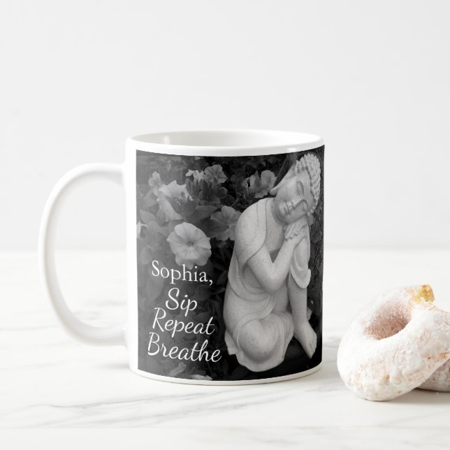 Personalized Sip Breathe Buddha Zen Black White Coffee Mug (With Donut)