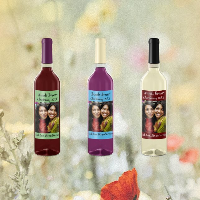 Personalized Sky Blue Photo Friends Forever  Wine Label (Creator Uploaded)