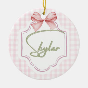 Personalized Skylar Baby Girl Nursery Bow&Gingham Ceramic Tree Decoration
