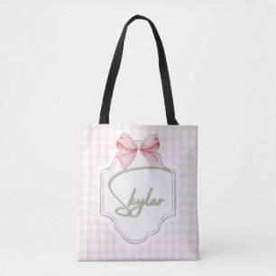 Personalized Skylar Baby Girl Nursery Bow&Gingham Tote Bag
