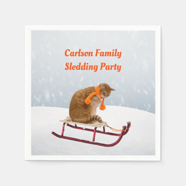 Personalized Sledding Party Cat Paper Napkins (Front)