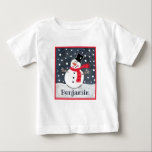 Personalized Snowman Christmas Baby T-Shirt<br><div class="desc">This snowman Christmas snow scene is printed from a collage designed by Helen McCartney Designs.</div>