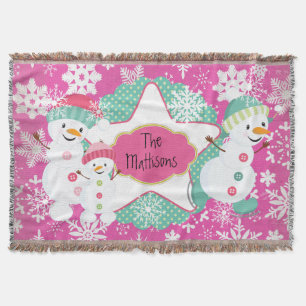 Personalized Snowman Family 3 Holiday Throw Blanket