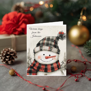 Personalized Snowman Plaid Christmas Family Name  Holiday Card