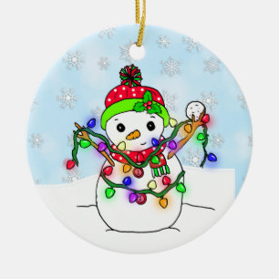 Personalized Snowman with Christmas Lights Ceramic Tree Decoration