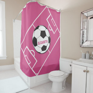 Personalized Soccer Ball and Field Pink Shower Curtain