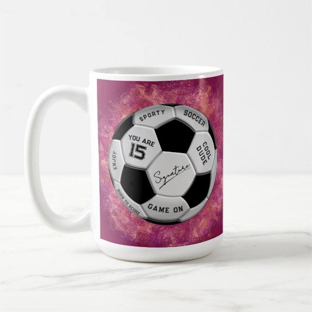 Personalized Soccer Ball Birthday  | Age Name Text Coffee Mug (Left)