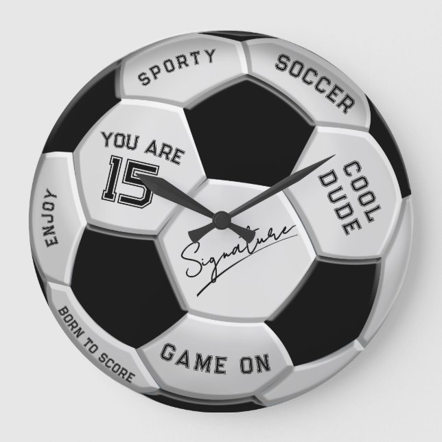 Personalized Soccer Ball Birthday  | Age Name Text Large Clock (Front)